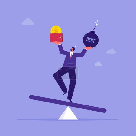 Illustration for Personal financial management, smart calculation for wealthy life concept, balancing between debt payoff and income salary, businessman balancing himself on seesaw with debt bomb and money wallet - Royalty Free Image