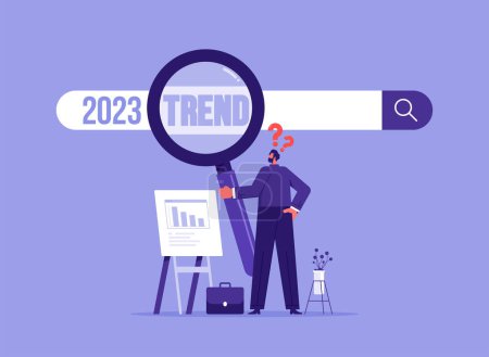Ilustración de 2023 investigación o visión de tendencias, nuevas oportunidades de negocio o desafíos profesionales. Empresario utiliza lupa para descubrir el sitio web de la búsqueda - Imagen libre de derechos