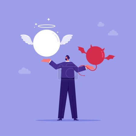 Illustration for Problem solution and dilemma concept, make decision among good and bad person, confused businessman choose between angel and devil symbol - Royalty Free Image