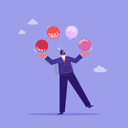 Illustration for Productivity and management skill, multitasking work concept, skillful businessman juggling many skills - Royalty Free Image