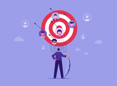 Illustration for Target customer concept, customer attraction campaign, accurate promotion, advertising, businessman shooting bow on people target customer - Royalty Free Image