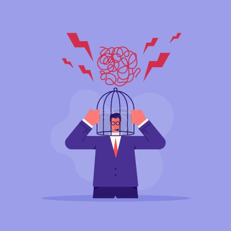 Illustration for Chaos of disordered thoughts concept, cage on man head. Problems with psychology, mental, emotional stress. Businessman troubles with think logically, limited thinking. Problem with creativity - Royalty Free Image