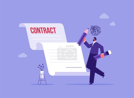 Illustration for Contract cancellation or agreement terminated concept, partnership breaking signed business deal, angry businessman holding big broken pencil in his hands - Royalty Free Image