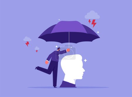 Illustration for Help, psychological support or treatment mental illness concept, mental health protection, depression or anxiety control, man holds umbrella over  head to protect from heavy storm depression - Royalty Free Image