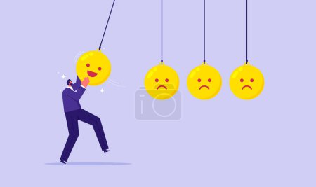 Illustration for Happiness, optimistic, balance between happiness and sadness, businessman holding smile face pendulum ball to hit other sad faces - Royalty Free Image