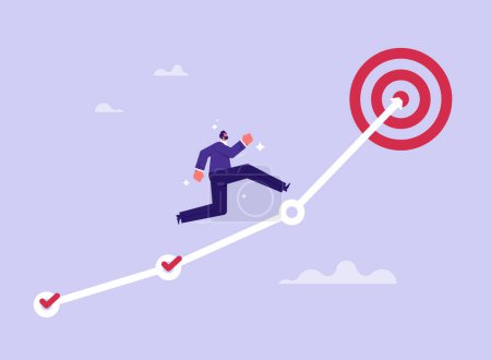 Illustration for Motivation or challenge to achieve success concept, progress to goal or reaching business target, career growth, businessman running on growth chart to target - Royalty Free Image