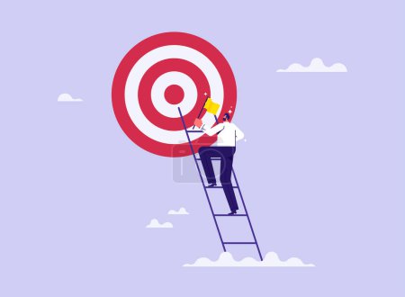 Illustration for Concept of goal setting and achievement, defining work directions for success, businessman climbs up the ladder to target - Royalty Free Image