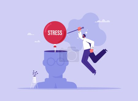 Meditation to help reduce stress concept, stress management, relaxation to relieve anxiety or anger from your brain, businessman holds a needle and a red balloon with the word stress