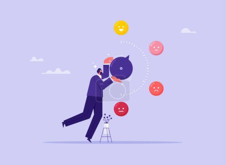 Illustration for Control emotions concept, businessman turns switch on measurement scale in direction of good mood, positive thinking, scale for measuring stress and mood - Royalty Free Image
