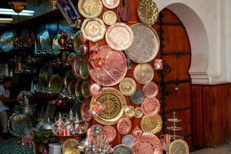 Photo for Handmade copper products outside a Bazaar in the old medina of Fez - Royalty Free Image