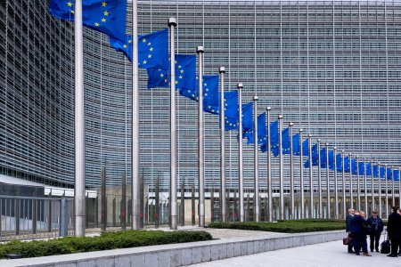 Photo for European Flags in front of the European Commission Headquarters building in Brussels, Belgium - Royalty Free Image