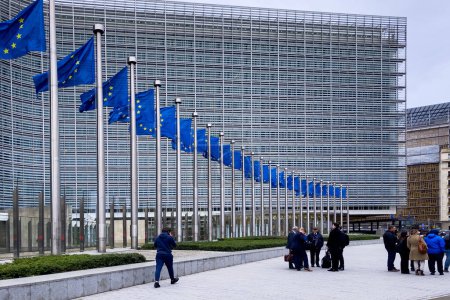 Photo for European Flags in front of the European Commission Headquarters building in Brussels, Belgium - Royalty Free Image