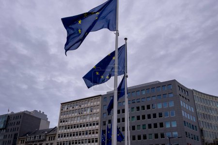 Téléchargez les photos : Drapeaux de l'Union européenne brandissant à l'extérieur avec un ciel nuageux en arrière-plan - en image libre de droit