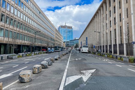 Photo for FPV of an empty street downtown Brussels next to the national bank - Royalty Free Image