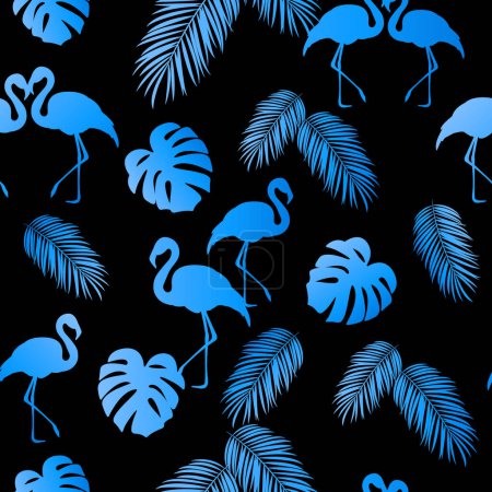 Illustration for Tropical seamless pattern. Print with flamingo, palm leaves and monstera. Blue color. Wrapping template, bedding, textiles and wallpapers. - Royalty Free Image