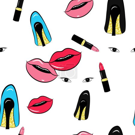 Illustration for Girly seamless pattern. Trendy elements, makeup, lipstick, eyes, lips and heels. Color print with gold glitter. Packaging template, wrapping paper, texture, fabric, bedding and wallpaper. - Royalty Free Image