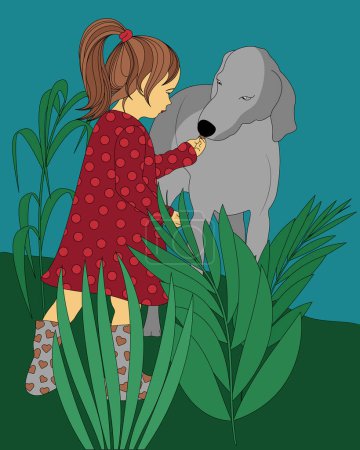 Ilustración de Ilustración vectorial de dibujos animados dibujados a mano niña con perro. Una chica alimenta a un Weimaraner. Diseño gráfico para niños. - Imagen libre de derechos