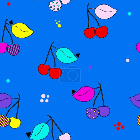Illustration for Cherries seamless pattern in pop art style. Abstract colorful fruit print. Packaging template, graphic design, textiles, bedding and wallpaper. - Royalty Free Image