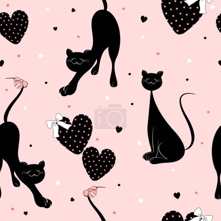 Illustration for Cat seamless pattern. Snout and cartoon caricature cat. red glitter. Prints, packaging template, textiles, bedding and wallpaper. - Royalty Free Image