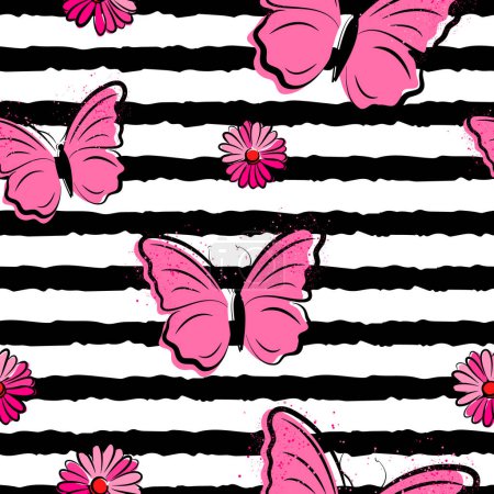 Floral seamless pattern with butterfly and stripes. Animal print. Packaging template, graphic design, texture, textile, bedding and wallpaper.