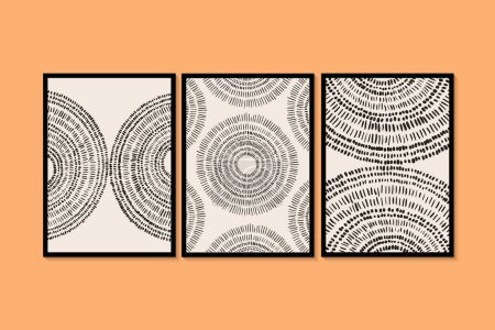 Minimalistische Wandkunst in Schwarz und Creme. Einfacher runder Linienstil. Geometrische Formen, Kreise und Punkte. Modernes kreatives Muster.