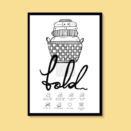 Laundry room fold vector. For prints on the frame, posters, cards. Hand drawn black laundry basket and ironing instructions on white background.