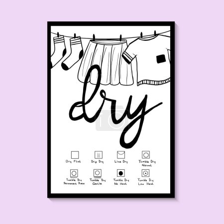 Instrucciones de secado y secado de vectores de ropa para lavandería. Para impresiones en el marco, carteles, tarjetas. Ropa de secado negra dibujada a mano e instrucciones de secado sobre fondo blanco.