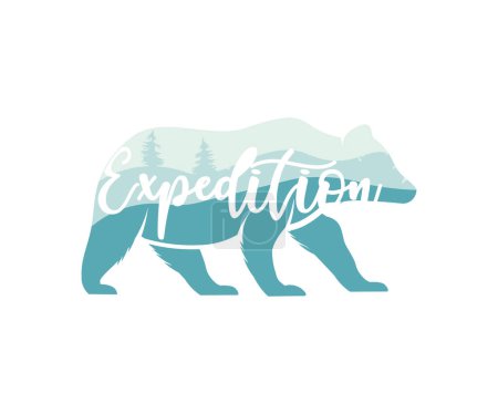 Illustration for Silhouette of bear with panorama of mountains logo design. Brown bear Bear grizzly silhouette. Tourism, adventure, great outdoor, expedition, camping, climbing, hiking vector design and illustration. - Royalty Free Image
