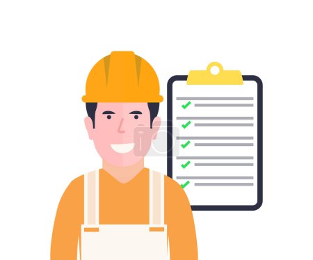 Illustration for Building engineer, architect people or construction worker working logo design. Building construction engineering project concept, construction checklist, inspection vector design and illustration. - Royalty Free Image