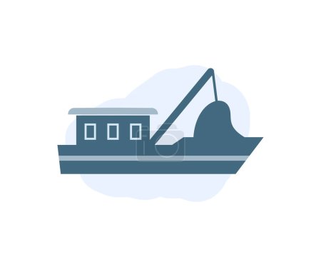 Illustration for Small fishing boat in sea. Seagulls and vessel, ship on the water logo design. Flat fishing boat ship transport vector design and illustration. - Royalty Free Image
