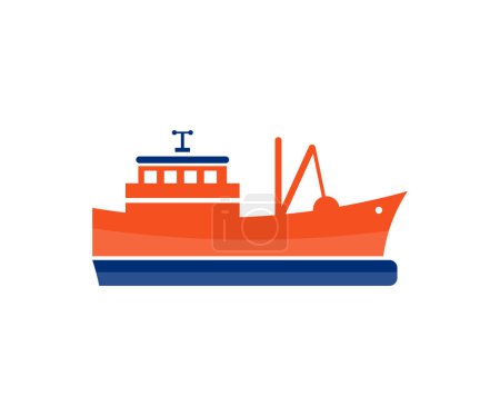 Ilustración de Barco de pesca están regresando después de la pesca a su diseño del logotipo del puerto. Buque de pesca, barco, buque de mar. Diseño e ilustración del vector de vela de barco de pesca comercial. - Imagen libre de derechos