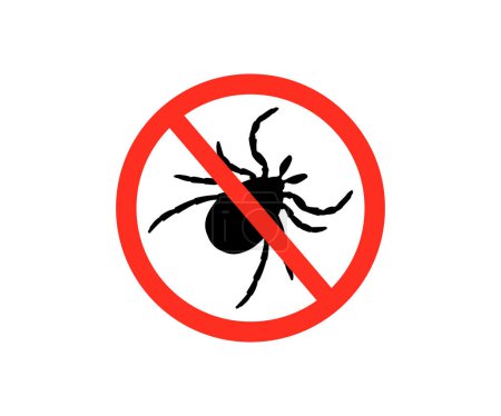 Illustration for Anti pest control ban, stop insects logo design.No, prohibit signs dermanyssus gallinae, mite. Red european forest mite, parasite insect, infection carrier, bloodsucker vector design and illustration. - Royalty Free Image