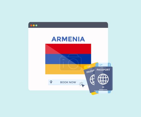 Illustration for Online booking service on web browser site, trip, travel planning country Armenia national flag logo design. Online reservation of plane tickets. Concept for website vector design and illustration. - Royalty Free Image