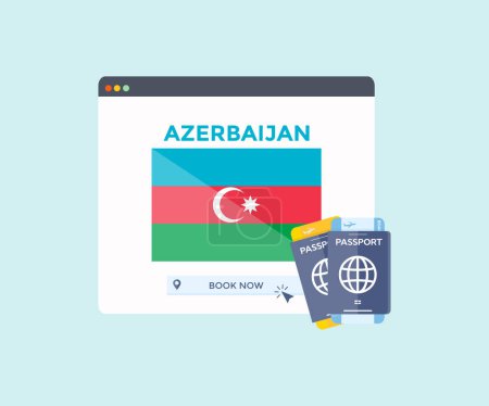 Illustration for Online booking service on web browser site, trip, travel planning country Azerbaijan national flag logo design. Online reservation of plane tickets. Concept for website vector design and illustration. - Royalty Free Image