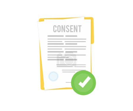 Illustration for Approved document. Consent. Green check mark on paper page logo design. Successful check of a resume, review or test. Approved contract, agreement. Checklist concept vector design and illustration. - Royalty Free Image