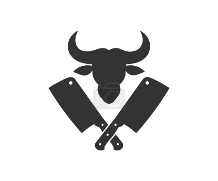 Illustration for Butchery vintage logo design. Cattle Head Silhouette and Crossed cleavers. Logo of Butchery meat shop with Meat knives vector design and illustration. - Royalty Free Image