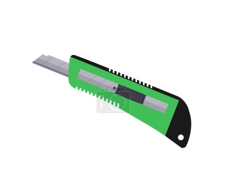 Green plastic stationery knife with sharp blade logo design. Paper cutter steel tool instrument danger utensil vector design and illustration. 