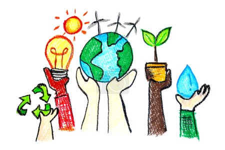 Foto de Guarda el concepto de la tierra. ahorrar energía y reciclar para salvar el mundo. mano dibujar crayón tierra - Imagen libre de derechos