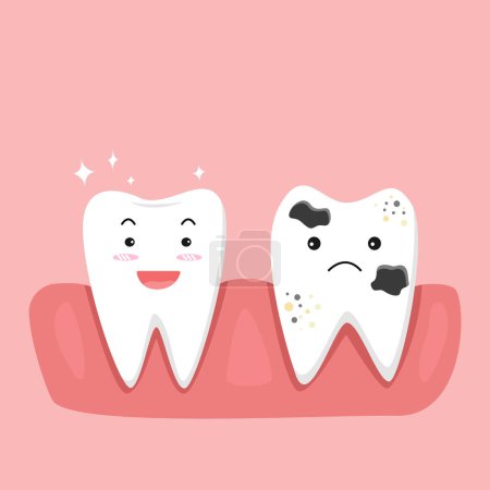 Illustration for Teeth and gums inside the mouth are happy and unhappy with the problem of tooth decay. there are plaque on the teeth. tooth care concept. - Royalty Free Image