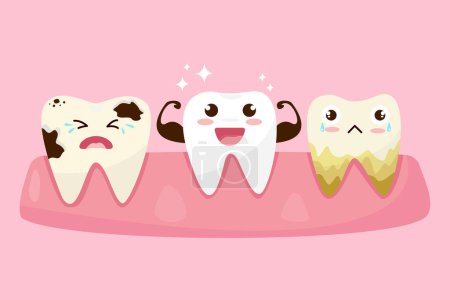 Illustration for Teeth and gums inside the mouth are happy and unhappy with the problem of tooth decay. there are plaque on the teeth. tooth care concept. - Royalty Free Image
