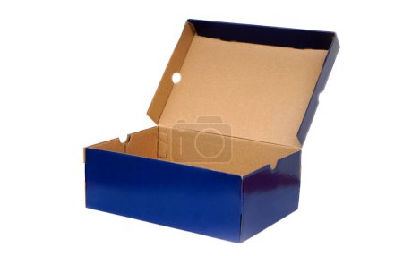 Leere blaue Papierschachtel Papier für Schuhe, elektronische Geräte und andere Produkte aus Geschäften oder Fabriken, geöffnet, isoliert auf weißem Hintergrund. Konzept, Verwendungszweck.