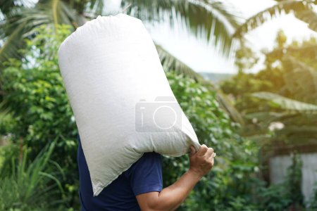Photo for Back view of strong man holding heavy sack on his shoulders. Concept about hard- working , laborer . Working against poverty. - Royalty Free Image