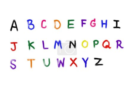 Photo for Colorful handwritten font in English capital letter, uppercase alphabet A-Z on white background. Concept, education. Teaching aids. Language learning. Start with abc... to build words or vocabulary. - Royalty Free Image