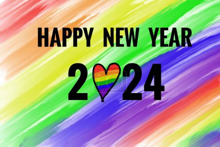 Foto de Resumen colorido arco iris colores fondo con texto Feliz Año Nuevo 2024. Concepto, tarjeta de felicitación para acoger el nuevo año 2024. Símbolo de la celebración comunitaria LGBT en todo el mundo - Imagen libre de derechos