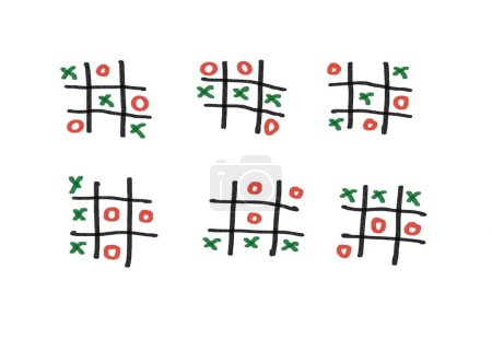 Photo for Hand draw picture of tic tac toe, X-O or or Noughts and Crosses games. Green for X and red for O. Black lines for grids. Concept, brain practice. Classic game contributes to skills in problem solving. - Royalty Free Image