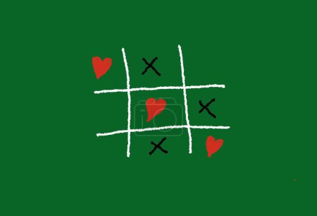 Photo for Hand drawn picture of tic tac toe or Noughts and Crosses game. Red heart and black X, white grid line. Green background. Concept, brain practice. Classic game contributes to skills in problem solving - Royalty Free Image