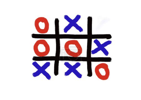 Photo for Hand drawn picture of tic tac toe or Noughts and Crosses game. Red for O, blue for X , black grid line, white background. Concept, brain practice. Classic game contributes to skills in problem solving - Royalty Free Image