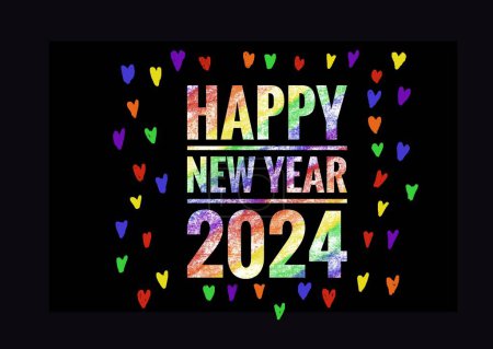 Foto de Feliz Año Nuevo 2024 tarjeta de felicitación, colores arcoíris decorados mini corazones, fondo negro. Concepto, tarjeta de felicitación para acoger el nuevo año 2024. Símbolo de la celebración comunitaria LGBT en todo el mundo - Imagen libre de derechos