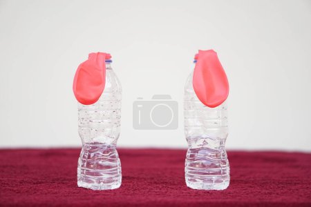 Foto de Dos globos rosas encima de las botellas. Concepto, experimento científico sobre la reacción de la sustancia química, vinagre y bicarbonato de sodio que causan inflado en globo. Primer paso del experimento - Imagen libre de derechos