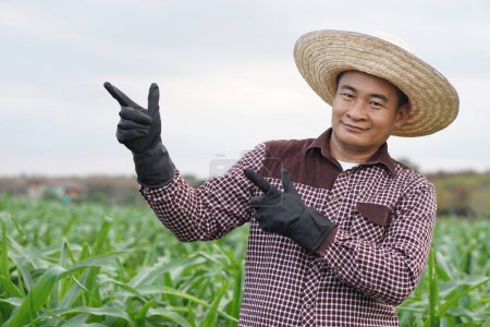 Photo for Asian man farmer is at garden, wears hat, brown plaid shirt, point fingers for add text or advertisement, stand at maize garden, feel confident. Concept, Agriculture occupation. Thai farmer lifestyle. - Royalty Free Image